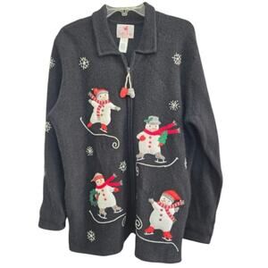 Quacker Factory Wool Cardigan Sweater Snowman Size Large Christmas Holiday Black